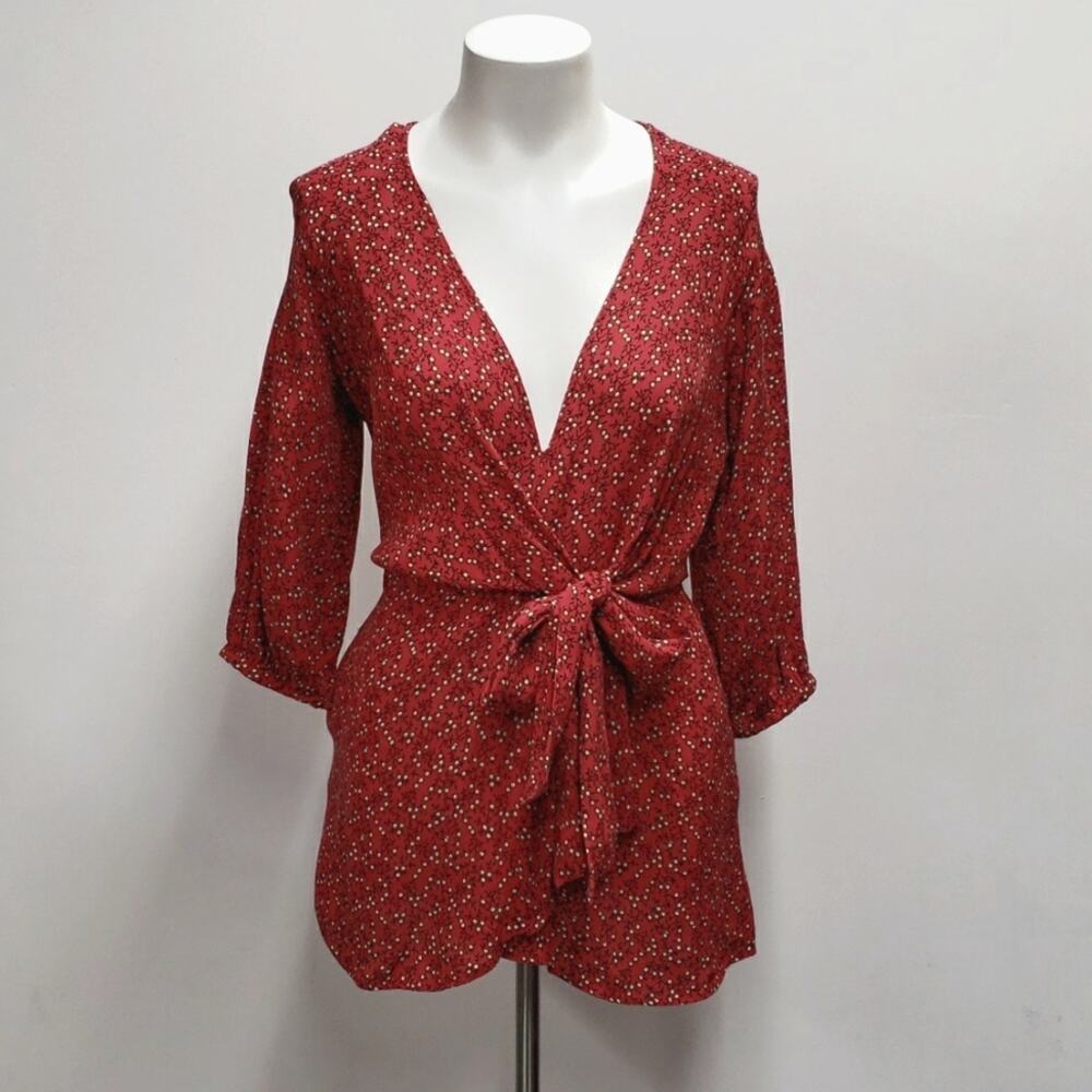 Free People Clara Tie Tunic Dress Red Ditsy Floral Wrap Mini Revolve Women's XS